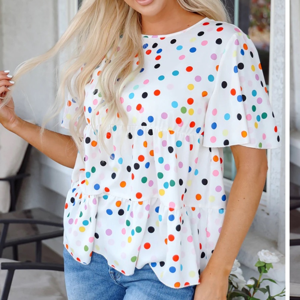 White Polka Dot Colorful Tiered Ruffle Peplum Short Sleeve Blouse Top Size L